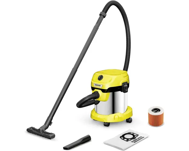 Aspirator umed-uscat Karcher WD 2 PLUS S V-15/4/18/C (YSY), 1.628-054.0, Aspirare umeda si uscata, Recipient de 15L din otel inoxidabil, Furtun de 1.8 m, 1000 W, Functie de suflare, Filtru cartus, Sistem de blocare „Pull &amp; Push”, Galben/Negru/Metal