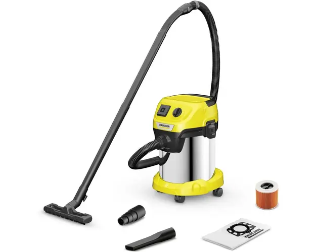 Aspirator umed-uscat Karcher WD 3 P S V-17/4/20 1.628-190.0, Aspirare umeda si uscata, Recipient din otel inoxidabil de 17 L, Furtun 2 m, 1000 W, Filtru cartus, Priza integrata cu intrerupator, Sistem de blocare „Pull &amp; Push” , Galben/Negru/Metal