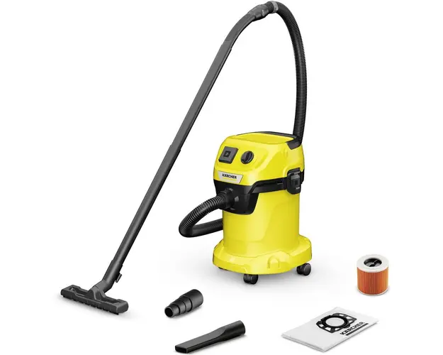 Aspirator umed-uscat Karcher WD 3 P V-17/4/20 1.628-170.0, Aspirare umeda si uscata, 17 L, Furtun 2 m, 1000 W, Filtru cartus, Priza integrata cu intrerupator, Functie de suflare, Sistemul de blocare „Pull &amp; Push”, Galben/Negru