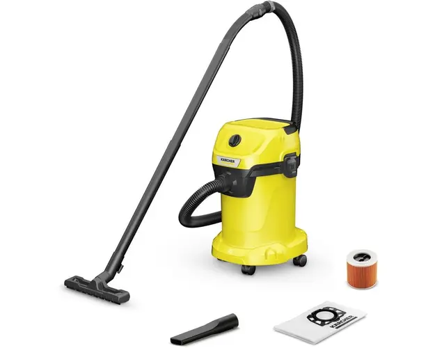 Aspirator umed-uscat Karcher WD 3 V-19/6/20, 1.628-123.0, Aspirare umeda si uscata, rezervor 19 L, furtun de 2m, 1000W, functie de suflare, functie Pull&amp;Push, filtru cartus, Galben/Negru
