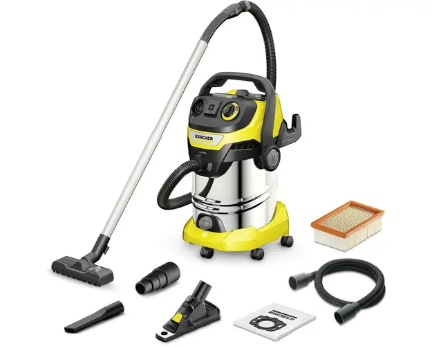 Aspirator umed-uscat Karcher WD 6 P S V-30/6/22/T, 1.628-382.0, Aspirare umeda si uscata, rezervor de 30L din otel inoxidabil, furtun de 2.2m, 1300W, functie de curatare a filtrelor, include dispozitiv de prindere a prafului, Galben/Negru/Metal