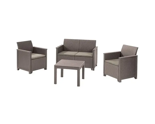 Set mobilier de terasa/gradina Keter Elodie cu canapea 2 locuri, 2 fotolii si masa, aspect ratan, plastic, canapea: 65 x 113 x74 cm, fotoliu: 65 x 63 x 74 cm, masa 59 x 59 x 43 cm, cappuccino, perne incluse