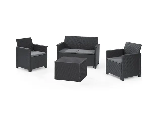 Set mobilier de terasa/gradina Keter Elodie cu canapea 2 locuri, 2 fotolii si masa cu spatiu depozitare, aspect ratan, plastic, canapea: 65 x 113 x74 cm, fotoliu: 65 x 63 x 74 cm, masa 55,5 x 55,5 x 38 cm, gri antracit, perne incluse