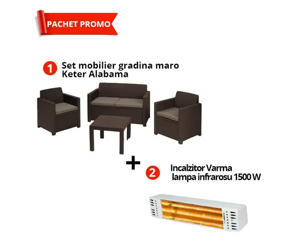 Set mobilier gradina maro Alabama + Incalzitor Varma V110/15P cu lampa infrarosu, 1500W, IPX5