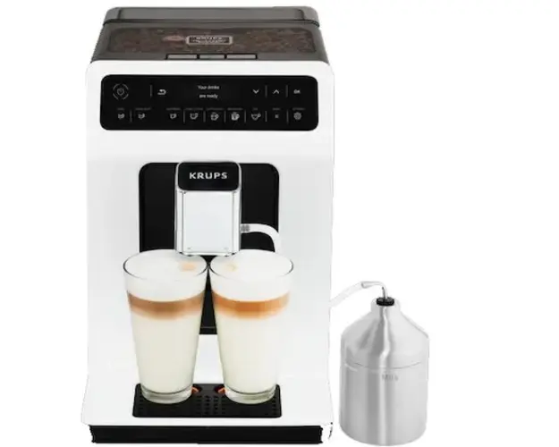 Espressor Automat Krups Evidence EA891110 XS60000, 1450W, 15 bari, functie One-Touch Cappuccino, alb, display intuitiv, rezervor de apa de capacitate mare, Negru/Alb
