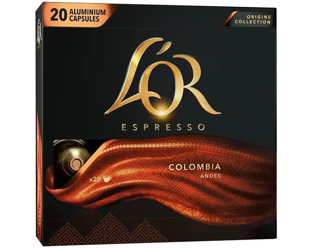 Capsule cafea L&#039;OR Espresso Columbia, intensitate 8, 20 bauturi x 40 ml, compatibile cu sistemul Nespresso®, 20 capsule aluminiu