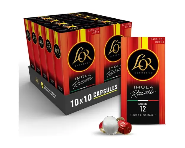 Set 10 X Capsule cafea L’OR Passione Rossa Collection, Ristretto Imola, intensitate 12, compatibile Nespresso®* Original, 100 capsule aluminiu, 520 g