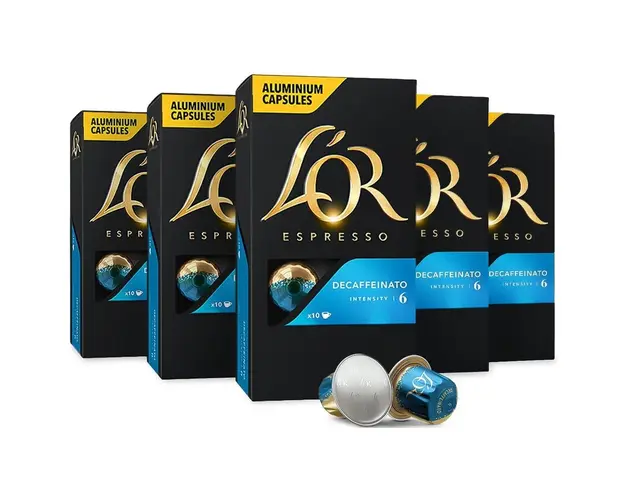 Set 5X Capsule cafea L&#039;OR Espresso Decaffeinato, intensitate 6, 50 bauturi x 40 ml, compatibile cu sistemul Nespresso®, 50 capsule aluminiu