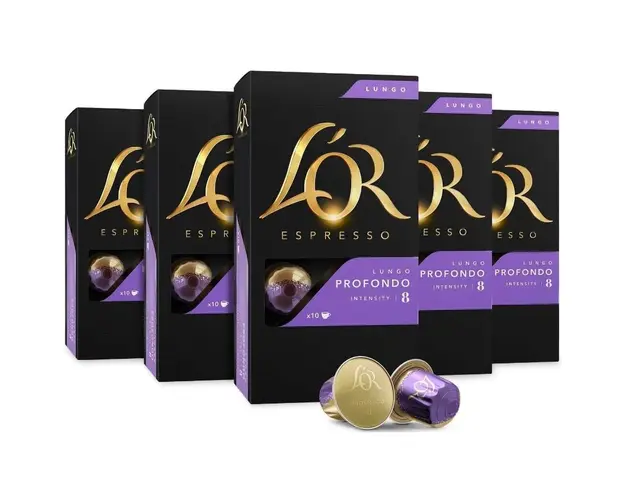 Set 5X Capsule cafea L&#039;OR Espresso Lungo Profondo, intensitate 8, 50 bauturi x 110 ml, compatibile cu sistemul Nespresso®, 50 capsule aluminiu