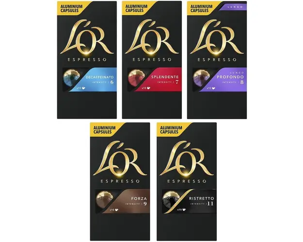 Set mixt 5 x capsule cafea L&#039;OR Espresso toate aromele, 50 bauturi, compatibile cu sistemul Nespresso®*, 50 capsule aluminiu