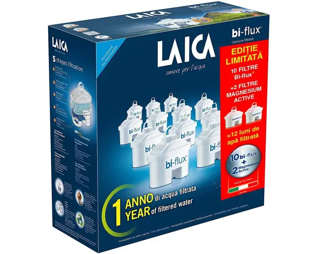 Pachet 10 cartuse filtrante Laica Bi-flux + 2 cartuse Magnesium Active