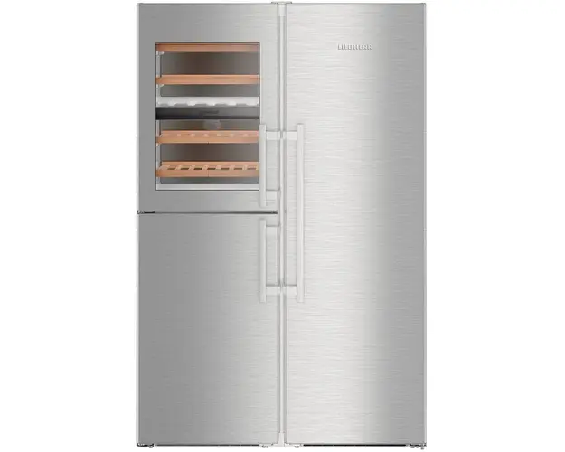 Side by side Liebherr SBSes 8496, 645 L, No Frost, BioFresh, Display electronic, SuperCool, Functie vacanta, Compartiment vinuri, IceMaker, H 185 cm, Clasa D, Inox