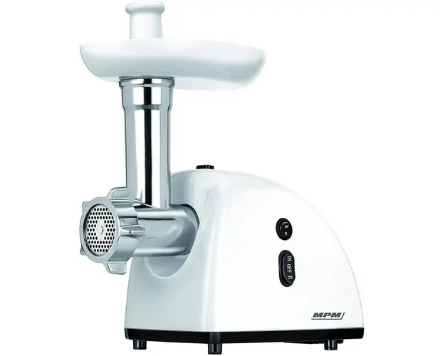 Masina de tocat MPM MMM-05, 650W, lama din otel inoxidabil, functie REVERSE, 3 site de taiere, accesoriu carnati, alb