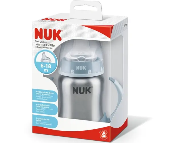 Biberon Inox Nuk First Choice+, Cu Toarte Si Tetina De Invatare, 125 ml, Termoizolant, Bleu