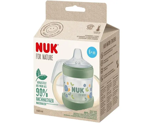 Biberon Learner NUK for Nature, realizat din materiale sustenabile, cu cioc de baut extra larg si moale, cu Controlul Temperaturii, anti-curgere, de la 6 luni, fara BPA, verde, 150 ml