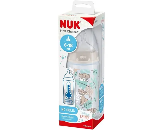 Biberon Lion King Nuk First Choice+, Polipropilena, 300ml, Tetina Silicon 6-18 Luni, Orificiu Mediu, Fara Bpa