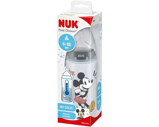 Biberon Mickey Nuk First Choice+, Polipropilena, 300ml, Tetina Silicon 6-18 Luni, Orificiu Mediu, Fara Bpa