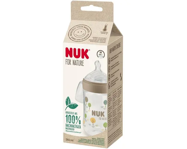 Biberon NUK for Nature cu Controlul Temperaturii, cu tetina din silicon sustenabil, forma asemanatoare cu mamelonul unei mame, crem, marime M cu 6 orificii subtiri, fara BPA, 260 ml