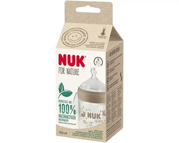 Biberon NUK for Nature cu Controlul Temperaturii, cu tetina din silicon sustenabil, forma asemanatoare cu mamelonul unei mame, crem, marime S cu 3 orificii subtiri, fara BPA, 150 ml
