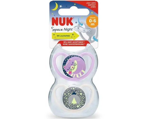 Set 2 suzete NUK SPACE, NIGHT, SILICON, 0-6 luni, fete