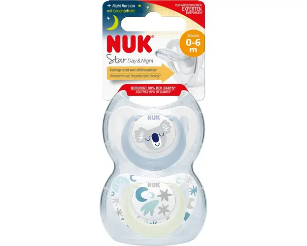 Set 2 suzete NUK STAR, DAY/NIGHT, SILICON, 0-6 luni, baieti