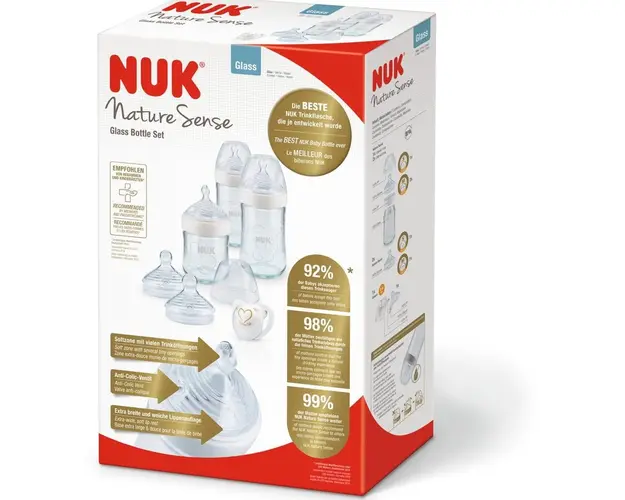 Set Biberoane Sticla Nuk Nature Sense, 3 Biberoane Sticla + 5 Tetine Silicon + Suzeta Ortodotica Nuk, Fara Bpa