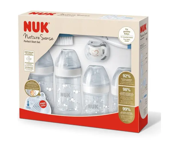 Set Perfect Start Nuk Nature Sense, 4 Biberoane Polipropilena + 6 Tetine Silicon + Suzeta Ortodontica Nuk, Cu Indicator Temperatura, Fara Bpa