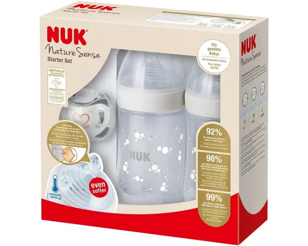 Set Twin Nuk Nature Sense, 2 Biberoane Polipropilena Cu Tetine Silicon + Suzeta Ortodontica Nuk, Cu Indicator De Temperatura Nuk, Alb, Fara Bpa