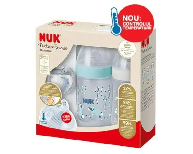 Set Twin Nuk Nature Sense, 2 Biberoane Polipropilena Cu Tetine Silicon + Suzeta Ortodontica Nuk, Cu Indicator De Temperatura Nuk, Albastru, Fara Bpa
