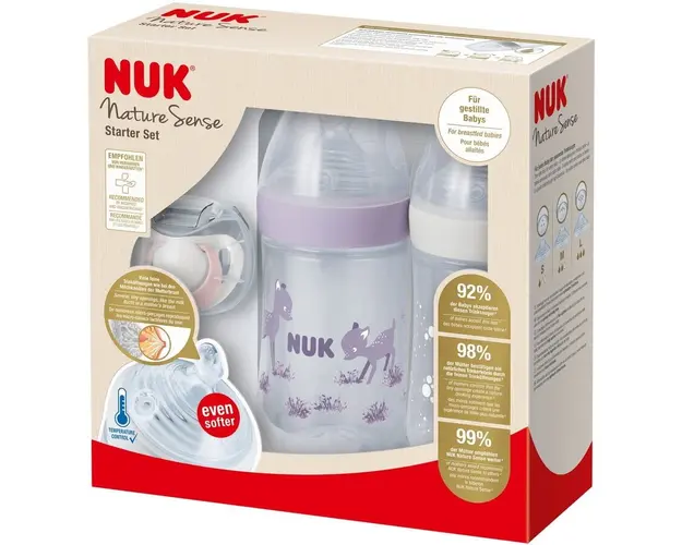 Set Twin Nuk Nature Sense, 2 Biberoane Polipropilena Cu Tetine Silicon + Suzeta Ortodontica Nuk, Cu Indicator De Temperatura Nuk, Roz, Fara Bpa