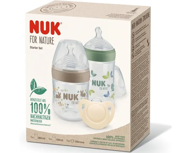 Start Set Nuk For Nature, 2 Biberoane 150ml si 260ml Cu Tetine Silicon, Suzeta Ortodontica NukDin Materiale Sustenabile, Cu Indicator De Temperatura, Fara Bpa