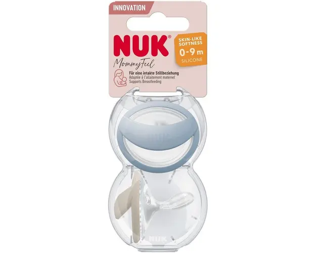 Suzeta Mommyfeel Nuk, Silicon, 0-9 Luni, Speciala Pentru Copii Alaptati, Forma Ortodontica, Set 2Buc/Cutie, Albastru/Bej