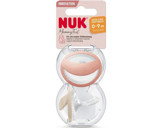 Suzeta Mommyfeel Nuk, Silicon, 0-9 Luni, Speciala Pentru Copii Alaptati, Forma Ortodontica, Set 2Buc/Cutie, Rosu/Crem