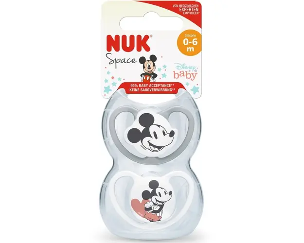 Suzeta Nuk Space Mickey, Silicon, 0-6 Luni, Forma Ortodontica, Set 2Buc/Cutie, Gri/Alb