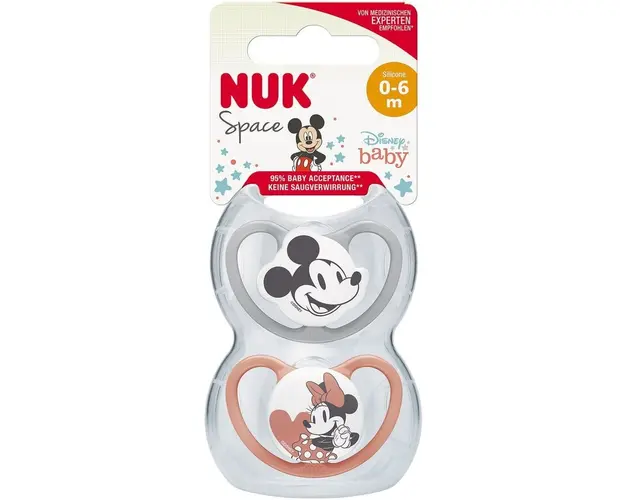 Suzeta Nuk Space Mickey, Silicon, 0-6 Luni, Forma Ortodontica, Set 2Buc/Cutie, Rosu/Gri