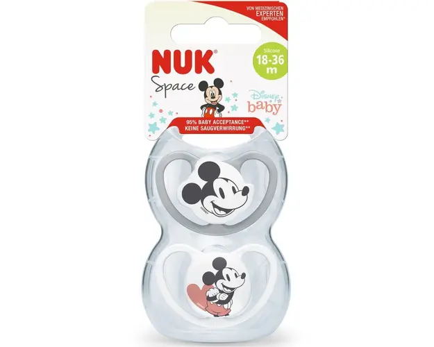 Suzeta Nuk Space Mickey, Silicon, 18-36 Luni, Forma Ortodontica, Set 2Buc/Cutie, Gri/Alb