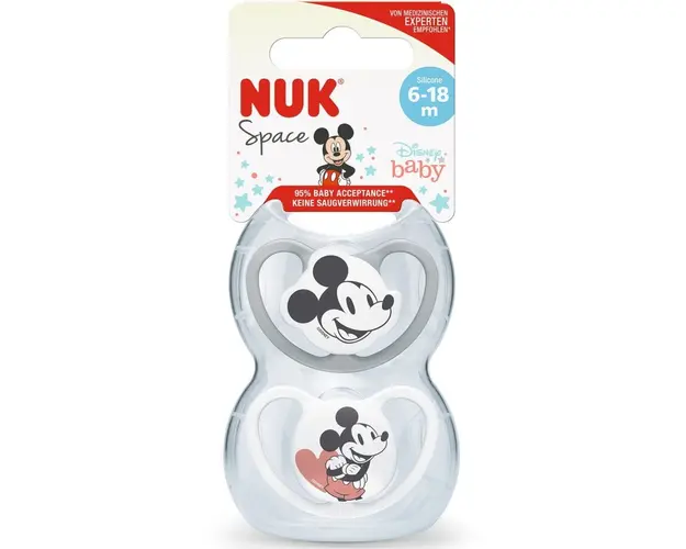 Suzeta Nuk Space Mickey, Silicon, 6-18 Luni, Forma Ortodontica, Set 2Buc/Cutie, Gri/Alb