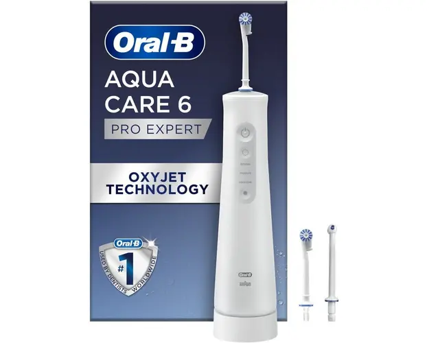Irigator bucal portabil Oral-B AquaCare Pro Expert Series 6, Tehnologie Oxyjet, 3 intensitati, 2 fluxuri de apa, fara fir, Alb