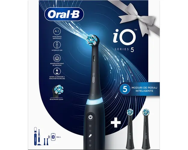 Periuta de dinti electrica Oral-B iO5 cu Tehnologie Magnetica si Micro-Vibratii 80812238, Inteligenta artificiala, Display conversational, Senzor de presiune Smart, 5 moduri, 1 capat, Trusa de calatorie, Negru + 2 capete de periaj