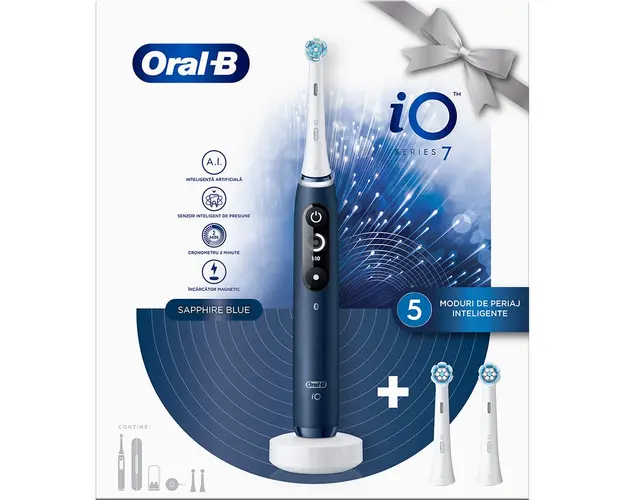 Periuta de dinti electrica Oral-B iO7 cu Tehnologie Magnetica si Micro-Vibratii 80812239, Inteligenta artificiala, Display led, Senzor de presiune Smart, 1 capat, Suport rezerve, Incarcator magnetic, Trusa de calatorie, Albastru + 2 capete de periaj