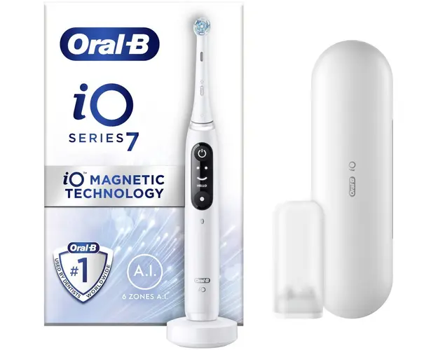 Periuta de dinti electrica Oral-B iO7 cu Tehnologie Magnetica si Micro-Vibratii, Inteligenta artificiala, Display led interactiv, Senzor de presiune Smart, Timer vizibil, 5 moduri, 1 capat, Suport rezerve, Incarcator magnetic, Trusa de calatorie, Alb