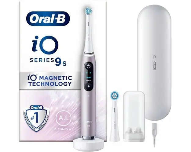 Periuta de dinti electrica Oral-B iO9, Tehnologie Magnetica, Micro-Vibratii, Inteligenta artificiala, Display led, Senzor de presiune Smart, Timer, 7 moduri, 1 capat, Suport rezerve, Incarcator magnetic, Trusa de calatorie cu incarcator, Rose Quartz