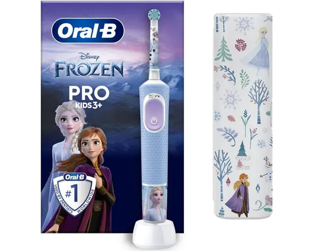 Periuta de dinti electrica Oral-B Pro Kids Frozen pentru copii, Curatare 2D, 2 programe, 1 capat, 4 autocolante, trusa de calatorie, Albastru