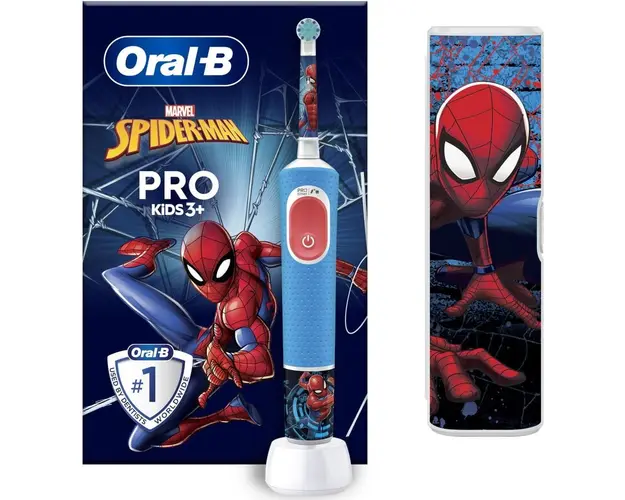 Periuta de dinti electrica Oral-B Pro Kids Spiderman pentru copii, , Curatare 2D, 2 programe, 1 capat, 4 autocolante, trusa de calatorie, Albastru