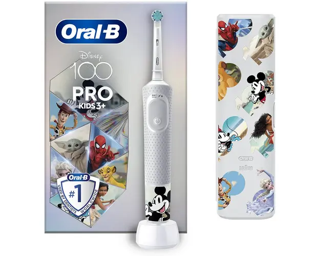Periuta de dinti electrica pentru copii Oral-B Vitality Pro Kids Mickey 100 pentru copii, Curatare 2D, 2 programe, 1 capat, 4 autocolante, +3 ani, Alb
