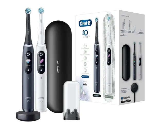 Set 2 periute de dinti, Oral-B iO Series 8, 6 moduri, inteligenta artificiala, afisaj LED, senzor de presiune, husa de calatorie, incarcator magnetic, alb/negru