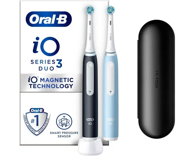 Set 2 x Periuta de dinti electrica Oral-B iO3 cu Tehnologie Magnetica si Micro-Vibratii, Senzor de presiune Smart, 3 moduri, 2 capete, Trusa de calatorie, Negru/Albastru