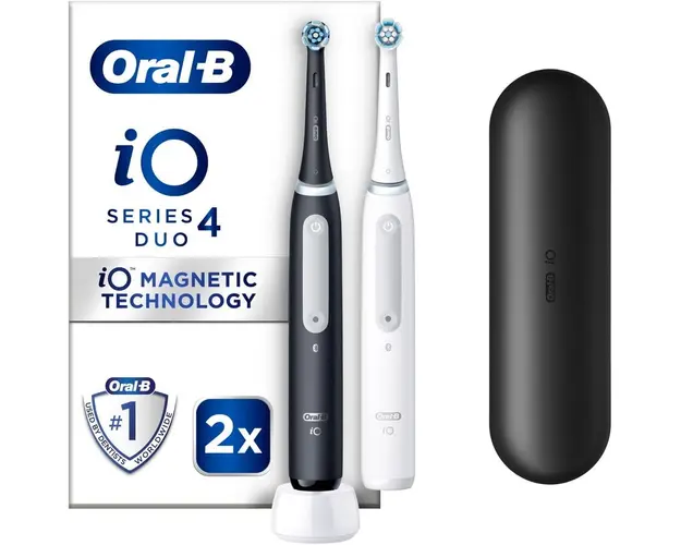 Set 2 x Periuta de dinti electrica Oral-B iO4 cu Tehnologie Magnetica si Micro-Vibratii, Senzor de presiune Smart, 4 moduri, 2 capete, Trusa de calatorie, Alb/Negru