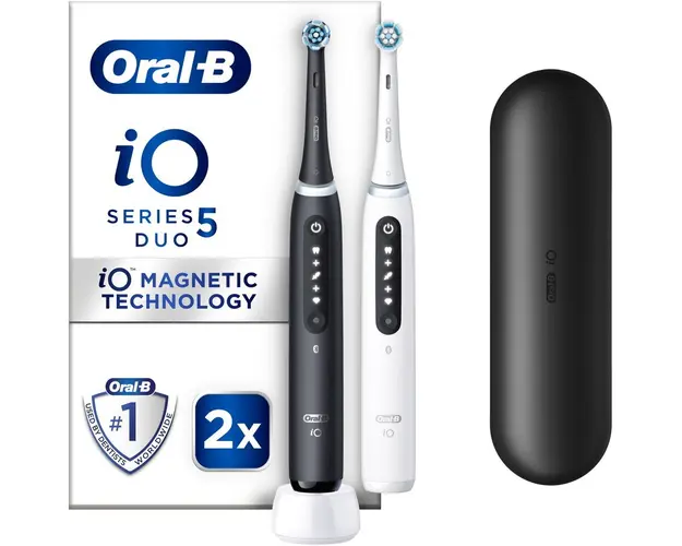 Set 2 x Periuta de dinti electrica Oral-B iO5 cu Tehnologie Magnetica si Micro-Vibratii, Inteligenta artificiala, Display conversational, Senzor de presiune Smart, 5 moduri, 2 capete, 1 incarcator, Alb/Negru