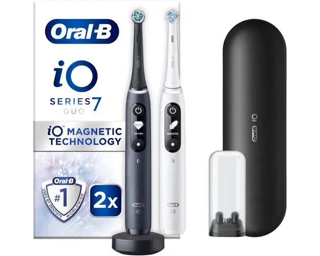 Set 2 x Periuta de dinti electrica Oral-B iO7 cu Tehnologie Magnetica si Micro-Vibratii, Inteligenta artificiala, Display led interactiv, Senzor de presiune Smart, Timer vizibil, 5 moduri, 1 incarcator magnetic, 1 Trusa de calatorie, Negru/Alb